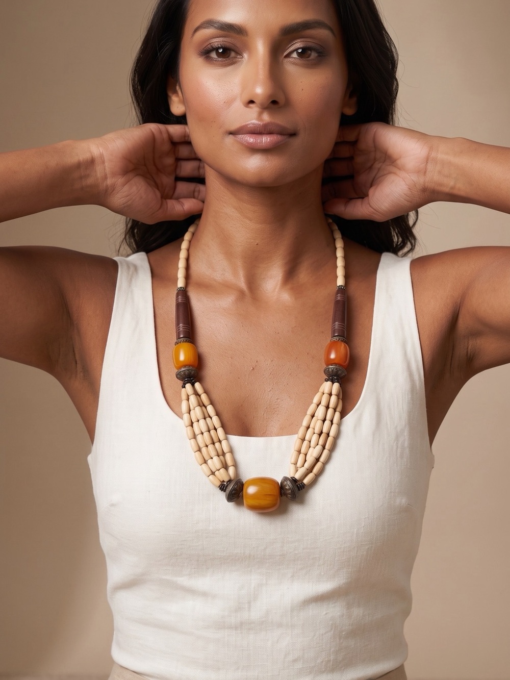 Boho Chic Statement Hand Crafted 
Necklace with Amber-Style Beads New With Tags